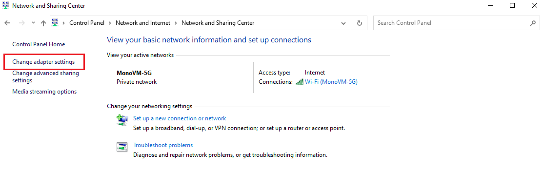 change adapter settings